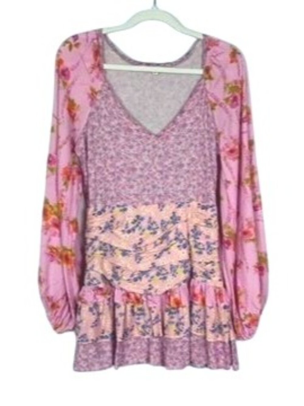 Pink Ripple Floral Ruched Mini Dress Medium Pink V Neck Ruffle Flounce Boho - Picture 2 of 16